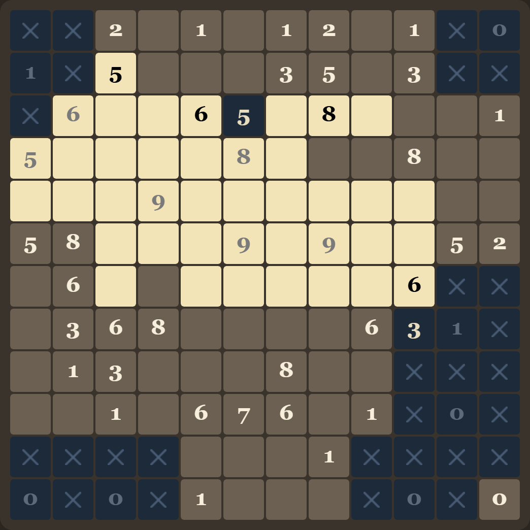 A partly solved board: cream light tiles, navy dark tiles marked with an X, and numbered clues.