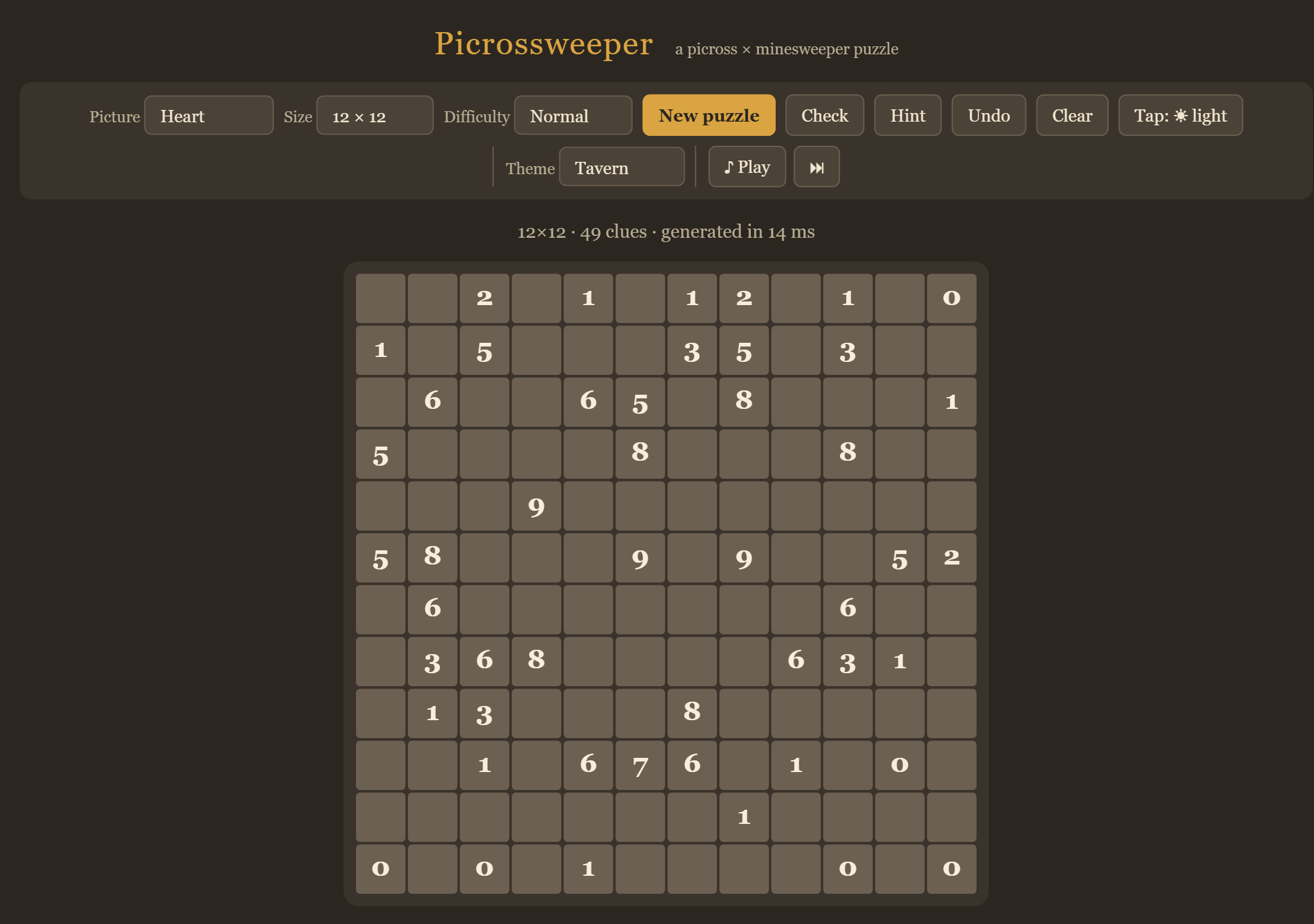 The Picrossweeper board at the start of a puzzle: a 12×12 grid of grey tiles, some carrying numbers.