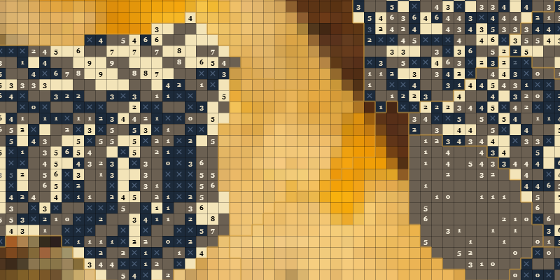 A giant grid part way through: solved regions showing the painting underneath, neighbouring regions still covered in numbered tiles.